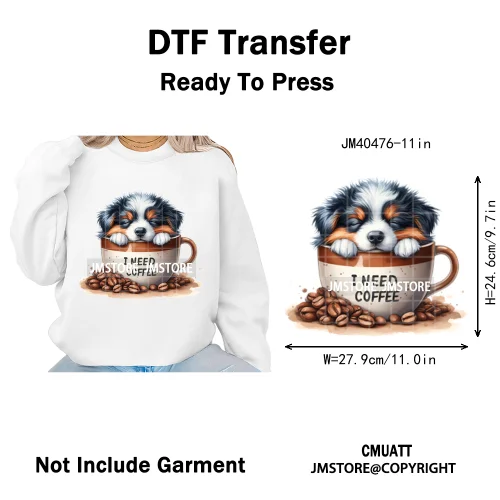 Funny Cartoon Pet Puppy Small Sleeping Cozy Coffee Dogs Lover Iron on DTF Washable Transfers Sticker Ready to Press for Clothing