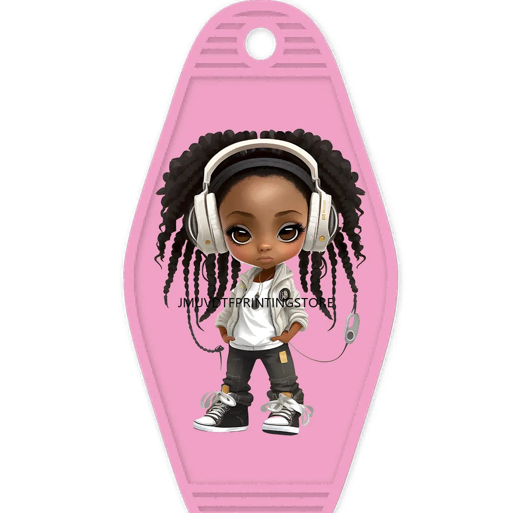 Cool Dreadlock Afro Girl High Quality WaterProof UV DTF Sticker For Motel Hotel Keychain Black Hip Hop Kids