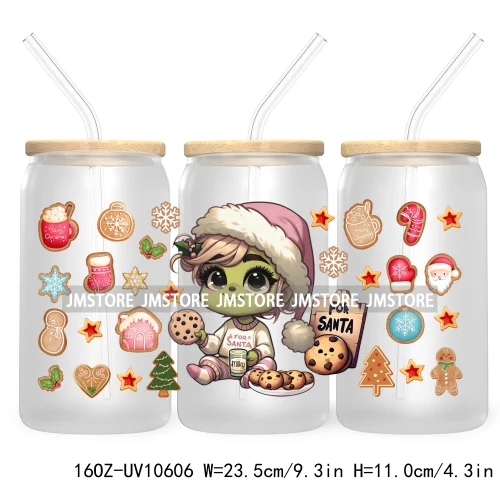 Cute Baby Green Character Christmas Season 16OZ UV Cup Wrap DTF Transfer Stickers For Libbey Glass Can Cups Tumbler Coquette Bow