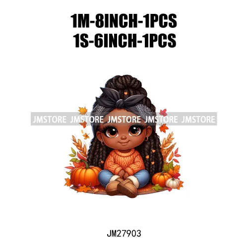 New Autumn Chibi Black Baby Girls Cartoon Afro Princess Pumpkin Fall Season DTF Iron On Heat Press Transfer Stickers For Hoodies