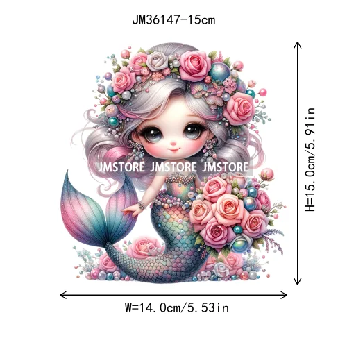 15cm 5.9in Cute Kid Flower Mermaid Iron On DTF Heat Transfer Sticker For Clothes Printed Thermal Applique Washable T-Shirt Decal