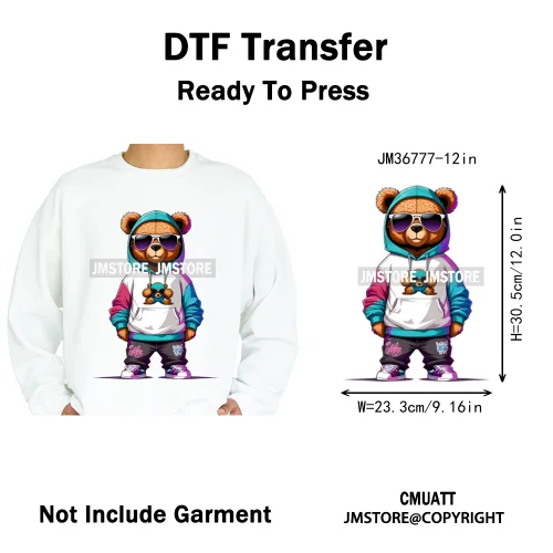 12in Cartoon Gangster Hip Hop Streetwear Teddy Bear Lover Designs Iron on DTF Heat Transfers Stickers Ready to Press for Hoodies