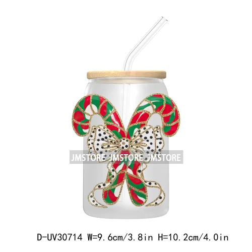 Colorful Coquette Glitter Bow Candy Cane Christmas UV DTF Transfer Stickers Decals For Libbey Cold Cups Mugs Tumbler Waterproof