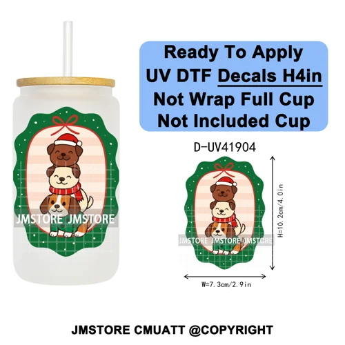 Preppy Christmas Stamps Xmas Card UV DTF Transfer Stickers Decals Ready To Apply Waterproof For 16OZ Libbey Glass Can Tumbler