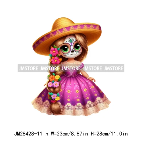 Colorful Day Of The Dead Catrina Princess Baby Girl Sombrero Hat Mexico Conchas Iron On DTF Heat Transfers Stickers For Clothing