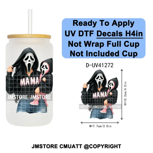 Family Halloween Horror Mama UV DTF Transfer Stickers Decals Ready To Apply Waterproof For 16OZ Libbey Glass Can Cups Tumbler