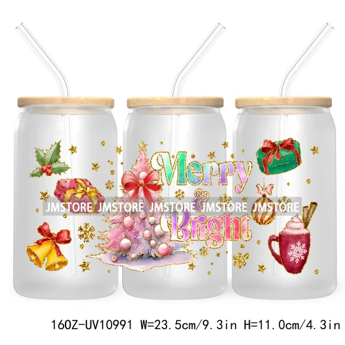 Coquette Glitter Holly Jolly Christmas Tree UV DTF Cup Wrap For Libbey Glass Can Transfer Stickers Waterproof Custom Labels Gift