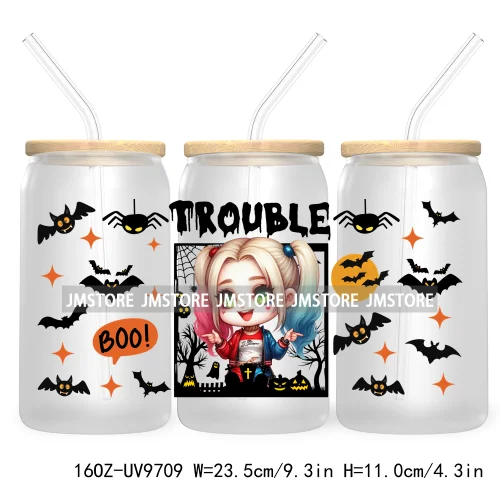 Halloween Double Trouble UV DTF Sticker For 16OZ Libbey Glass Cup Can Wrap Horror Princess Transfer Printing Custom Labels Logo