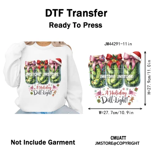 Merry Pickles Christmas Xmas Cucumber Holiday Santa Iron on Washable DTF Heat Transfer Stickers Ready to Press for T-shirts Bags