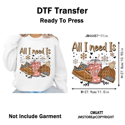 All I Need Is Cozy Winter Drink Coffee Lover Coquette Christmas Iron on Washable DTF Transfer Sticker Ready to Press for Hoodies