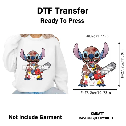 Spooky Scary Cute Cartoon Blue Animal Halloween Horror Vibes Iron on DTF Washable Transfers Stickers Ready to Press for Clothing