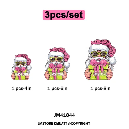Pink Cartoon Glasses Coffee Drink Leopard Blowing Santa Claus Christmas Iron on DTF Transfer Stickers Ready to Press for T-shirt