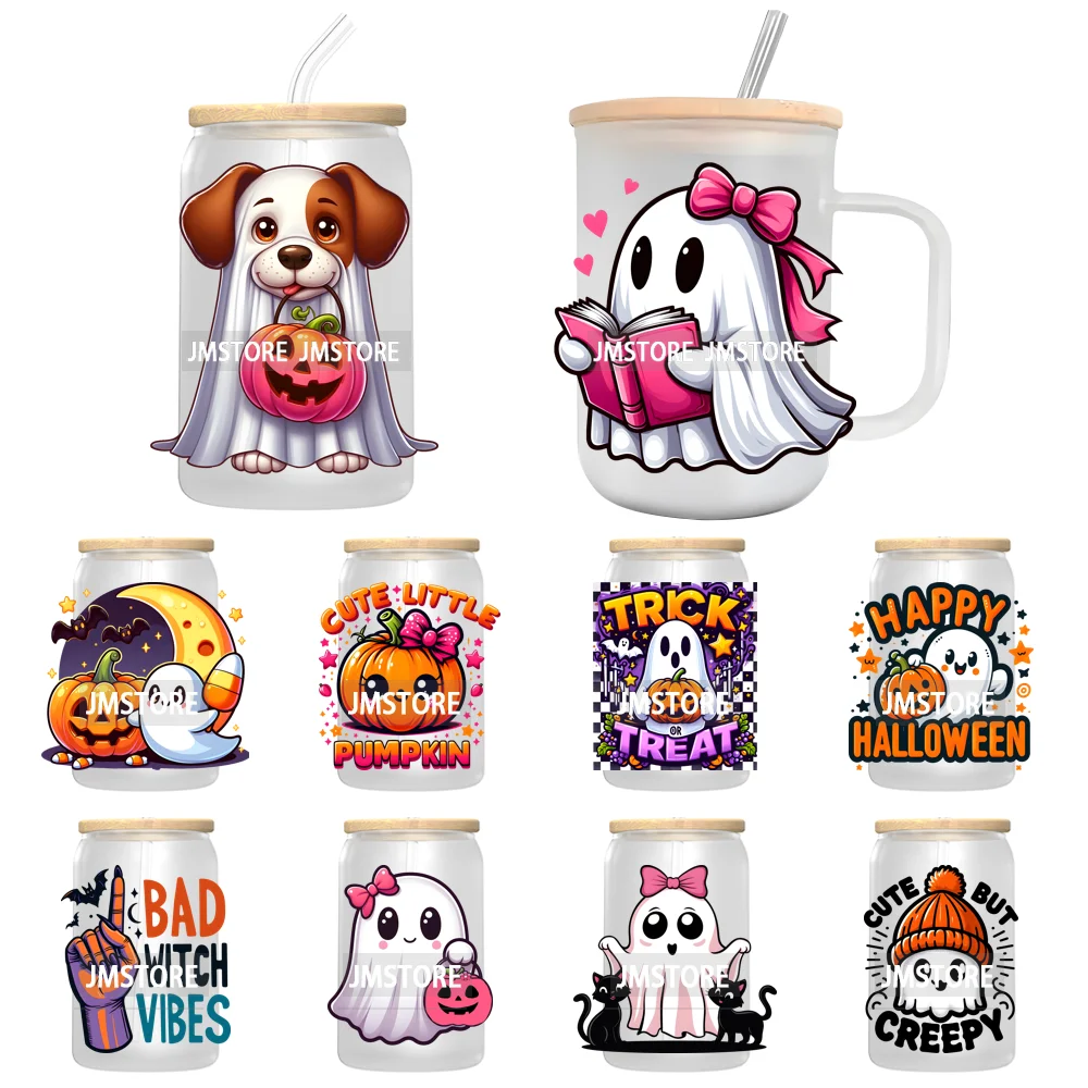 Trick Or Treat Pumpkin Coquette Bow Girly Ghost Halloween UV DTF Transfer Stickers Decals For Libbey Cold Cups Mug Tumbler Label