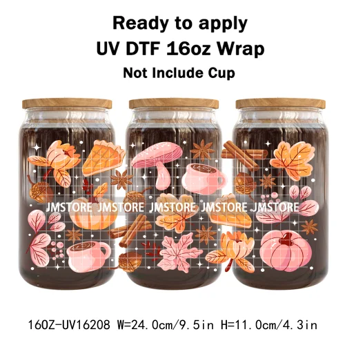 Cozy Autumn Food Fall Leaves Pumpkin 16OZ UV DTF Cup Wraps Ready To Apply Waterproof Transfer Stickers For Libbey Glass Can Mugs