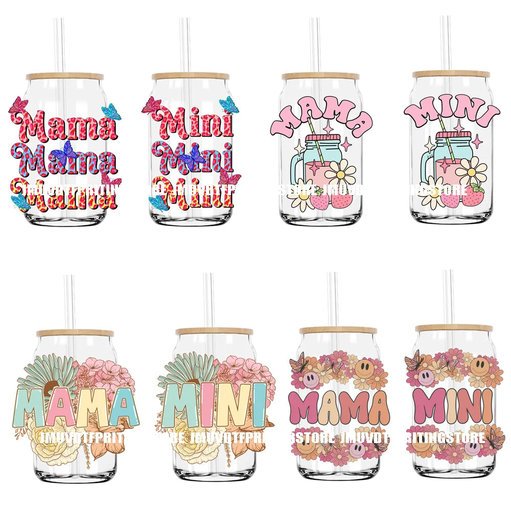 Mama And Mini Floral Flowers UV DTF Transfers Stickers Decals For Libbey Cold Cups Mugs Tumbler Waterproof DIY Logo Mother's Day