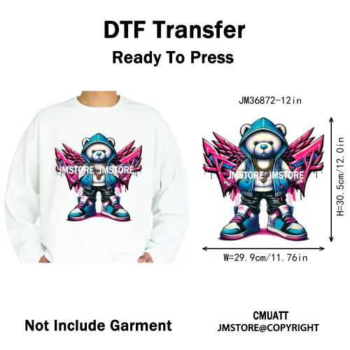 12in Colorful Graffiti Urban Stree Vibes Fearless Gangster Bear Washable Iron on DTF Transfer Sticker Ready to Press for Clothes