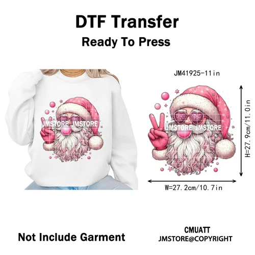 Merry and Bright Coquette Patchwork Santa Christmas Holiday Season Iron on DTF Heat Transfer Stickers Ready to Press for Hoodies