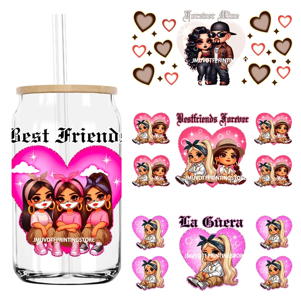 Bestfriends Valentine Girls Cholo Chola UV DTF Sticker For 16OZ Libbey Glass Cup Can Wrap Transfer Sticker Custom Label DIY Logo