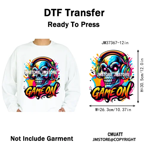 12in Hip Hop Graffiti Urban Skull Gaming Controller Game Lovers Iron on DTF Transfers Stickers Ready to Press for Hoodies Bags