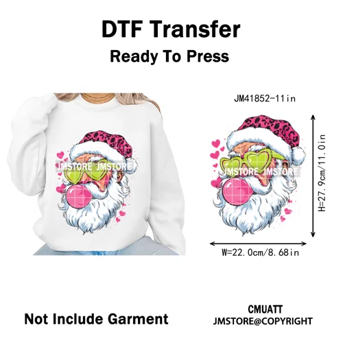 Pink Cartoon Glasses Coffee Drink Leopard Blowing Santa Claus Christmas Iron on DTF Transfer Stickers Ready to Press for T-shirt