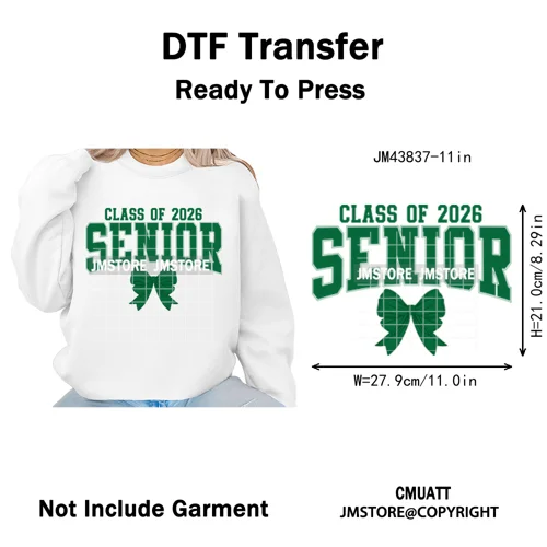 2026 Varsity Graduate Season College Senior Year Bow Iron on Washable DTF Heat Transfers Stickers Ready to Press for Sweatshirts