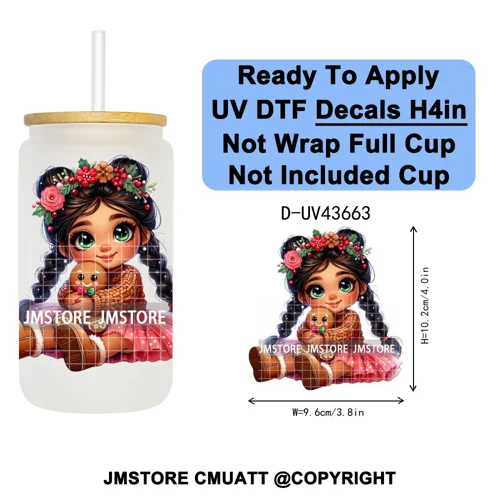 Floral Christmas Latina Chibi Girl UV DTF Transfer Stickers Decals Ready To Apply Good Quality Prints For Libbey Cold Cup Mugs
