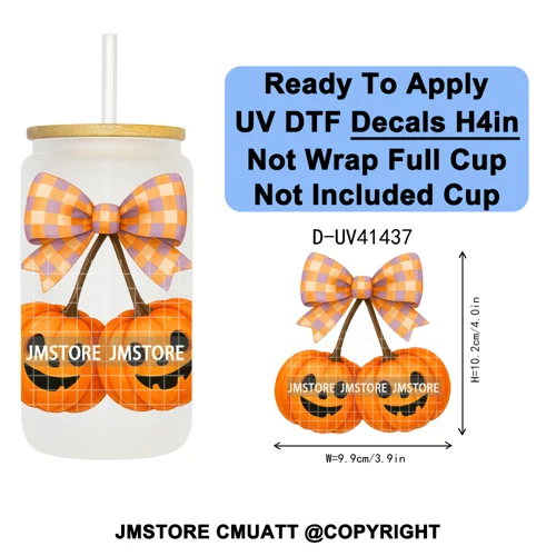 Highland Cow Horror Character Coquette Pumpkin UV DTF Decals Ready To Apply Durable Transfer Stickers For 16OZ Libbey Glass Can