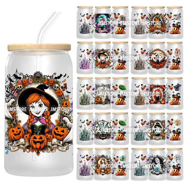 New Trendy Cartoon Princess Halloween 16OZ UV Cup Wrap DTF Transfer Stickers For Libbey Glass Can Cups Tumbler Waterproof Labels