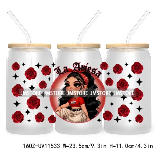 Chicana Chola Zodiac Chibi Latina Girls 16OZ UV DTF Cup Wrap Transfer Stickers Waterproof For Libbey Glass Can Horoscope Signs