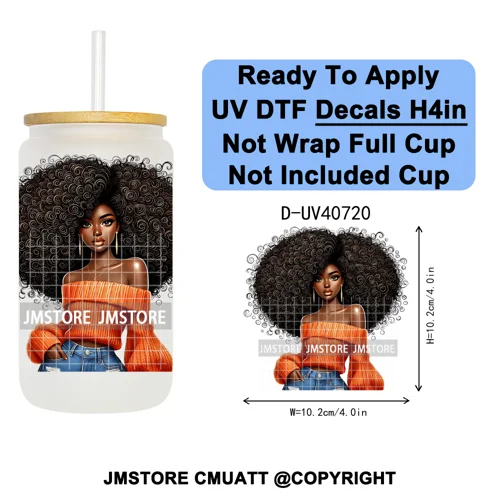 Big Hair Fashionable Black Girl UV DTF Decals Ready To Apply Waterproof Transfer Stickers DIY Crafts For 16OZ Libbey Glass Can