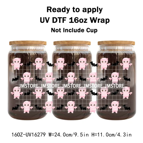 Cute Halloween Ghost Black Cat UV DTF Wraps Transfer Sticker Selfadhesive Waterproof Prints For 16OZ Libbey Glass Can Tumbler