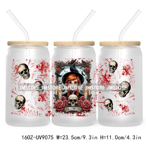 Spooky Halloween Princess 16OZ UV Cup Wrap DTF Transfer Sticker For Libbey Glass Can Cup Tumbler Waterproof Label Trick or Treat