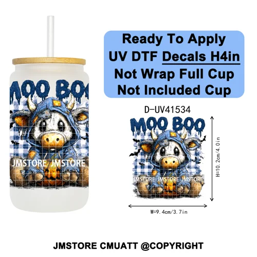 Spooky Highland Cow Halloween Ghosts Pumpkin UV DTF Decals Ready To Apply Waterproof Transfer Stickers For 16OZ Libbey Glass Can