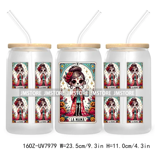 Funny Tarot Card UV DTF Sticker For 16OZ Libbey Glass Cup Can Wrap Transfer Sticker Custom Label DIY Logo Mexican Skeleton Skull