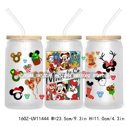 Merry Christmas Cartoon Couple 16OZ UV DTF Cup Wrap Ready To Apply For Libbey Glass Can Cup Tumbler Gingerbread Candy Cane Mouse