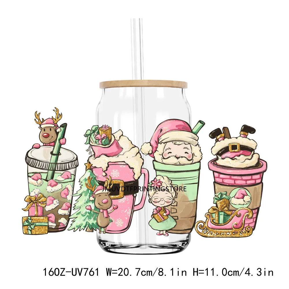 Christmas Coffee Santa 16OZ UV DTF Cup Wrap Transfers Stickers Custom Labels DIY Durable Waterproof Logo For Libbey Glass Can