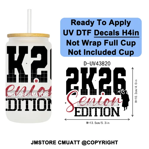 Fresh Class Of 2026 Senior Edition UV DTF Decals Ready To Apply Waterproof Transfer Stickers DIY Craft For 16OZ Libbey Glass Can