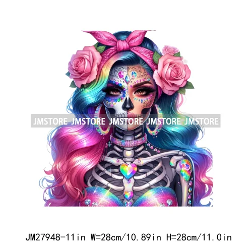 Raninbow Diamond Glamor Latina Skeleton Woman Rose Chicana  Earing Girls DTF Iron On Heat Press Transfer Stickers For Clothes