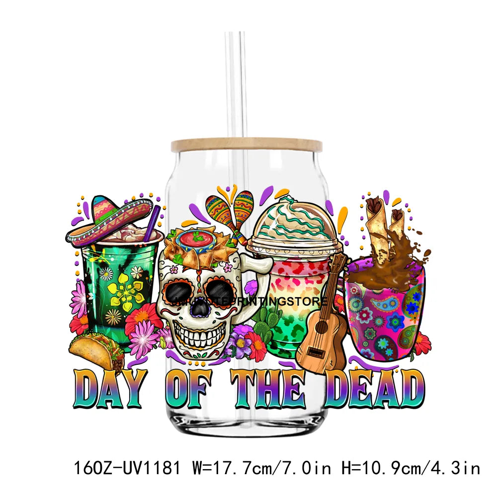 Dia De Los Muertos Mexican 16OZ UV DTF Cup Wrap Transfer Stickers Custom Labels DIY Durable Waterproof Logo For Libbey Glass Can