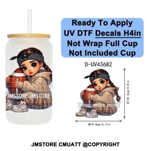 Cute Latina Baby Girl American Football UV DTF Cup Decals Ready To Apply Transfer Stickers Durable For Libbey Glass Can Tumbler
