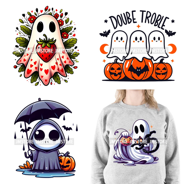 Cute Flower Ghost Bat Hey Boo Double Trouble Spooky Halloween Designs DTF Iron On Transfer Stickers Ready To Press For Clothing