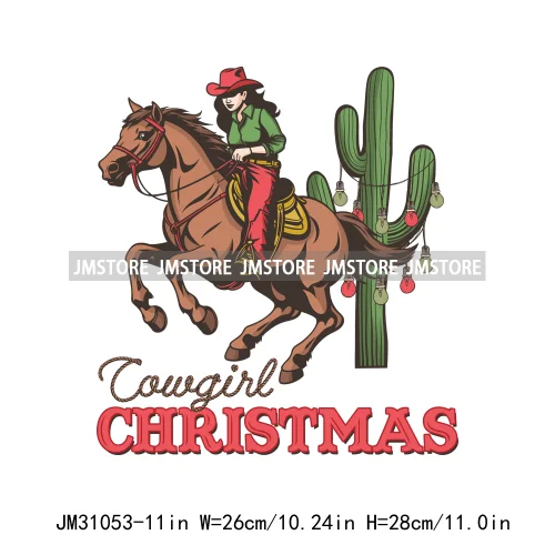 Funny Retro Western Merry Bright Country Christmas Cowgirl Howdy Tree Iron On DTF Transfers Stickers Ready To Press For Hoodies