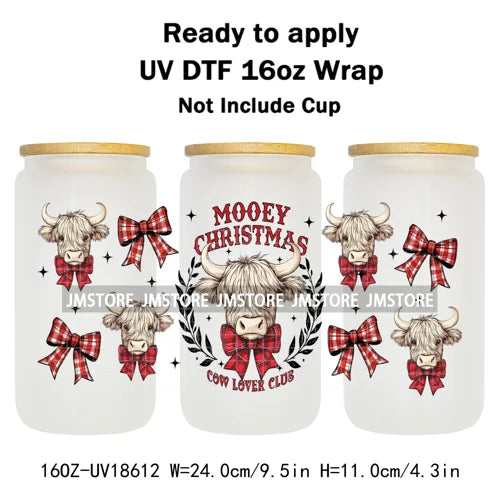 Howdy Christmas Western Highland Cow 16OZ UV DTF Cup Wraps Ready To Apply Waterproof Transfer Stickers For Libbey Glass Can
