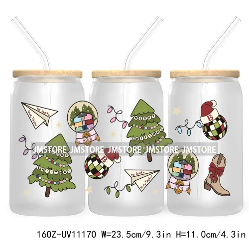 Gingerbread Coquette Bow Christmas Tree 16OZ UV DTF Cup Wrap Waterproof Transfer Stickers For Libbey Glass Can Candy Cane Bow