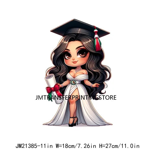 Cool Pretty Chibi Latina College Graduation Girls Educated Diploma Iron On DTF Transfer Stickers Ready To Press For T-shirts