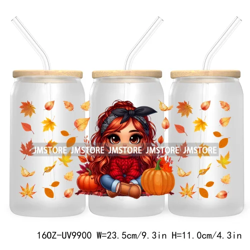 Mexican Latina Chibi Autumn Baby Girl UV DTF Sticker For 16OZ Libbey Glass Cup Can Wrap Transfer Stickers Custom Labels DIY Logo