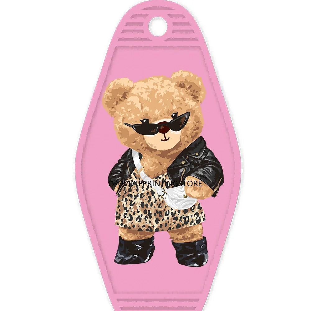 Cute Pink Teddy Bear Girl High Quality WaterProof UV DTF Sticker For Motel Hotel Keychain Brown Bears Baseball