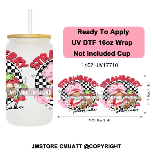 90s Cartoon Strawberry Characters Coquette Bow 16OZ UV DTF Cup Wraps Ready To Apply Transfer Stickers For Libbey Glass Can Mugs