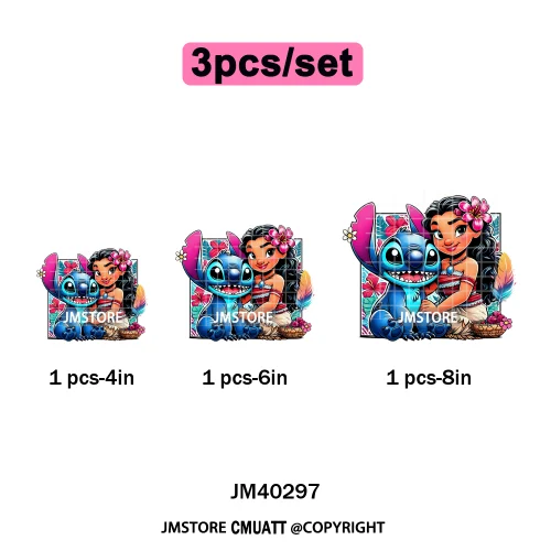 Cute Cartoon Blue Animal Princess Best Friends Designs Iron on DTF Washable Transfers Stickers Ready to Press for Clothing Bags