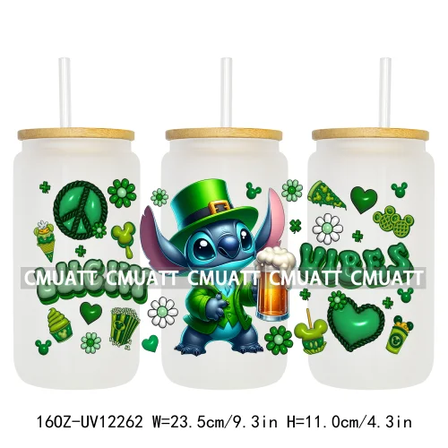 Happy St Patricks Cartoon Princess Characters Feeling Lucky Four Leaf Clover 16OZ UV DTF Cup Wrap Sticker For Libbey Glass Can